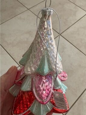 Glass Tree Ornaments (2) in Pink, Aqua & Silver 6” NWT